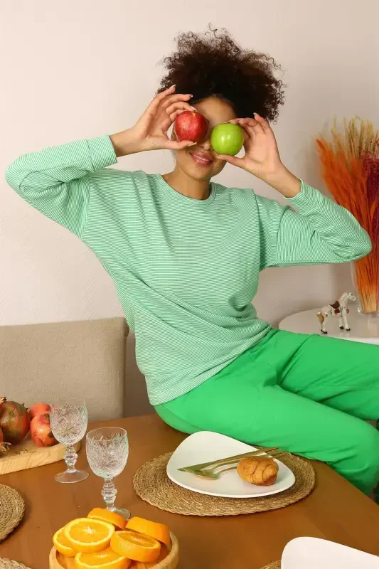 Акбениз Женский Длинный Рукав 3 Нити Трикотажный Пижамный Комплект 4191 - 5