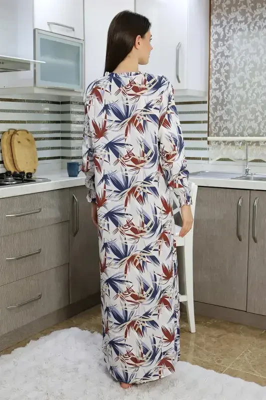 Акбениз Женский Длинный Рукав Трикотажный Ночной Халат Домашнее Платье Крем 25500 - 3