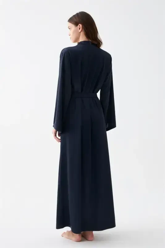 Акбениз Женский Длинный Темно-синий Атласный Халат - 5