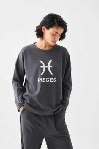 Акбениз Женский Дымчатый Рыбы Знак Зодиака Oversize 2 Нитки Спортивный Костюм Домашняя Одежда Комплект - 4