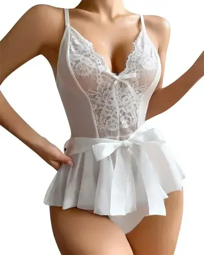 Акбениз Женский Фантазийный Babydoll Кружевной Ночной Рубашка T001 Белый 