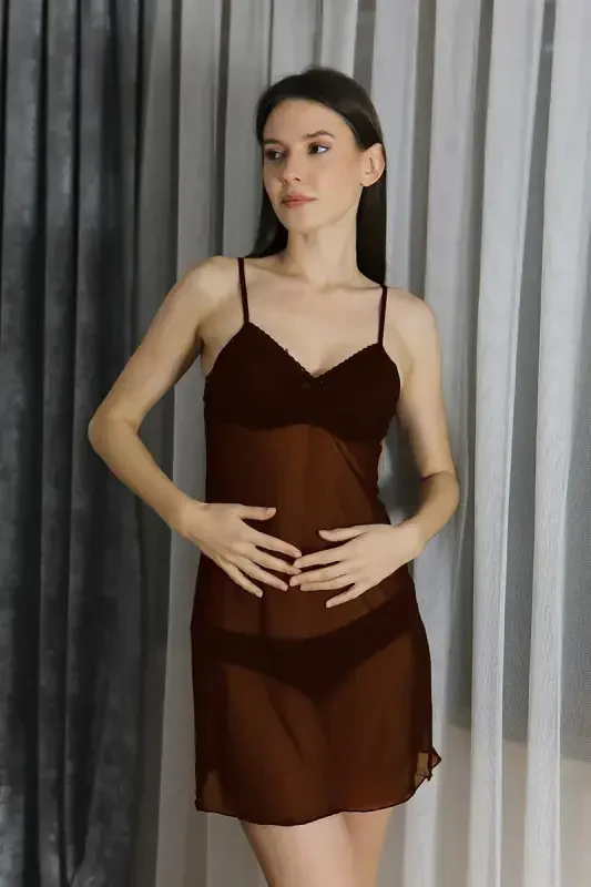 Акбениз Женский Фантазийный Тюлевый Ночной Халат Т2500 Коричневый - AKBENIZ