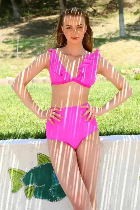 Акбениз Женский Fırfırlı Высокая Талия Фуксия Бикини 35001 - 4