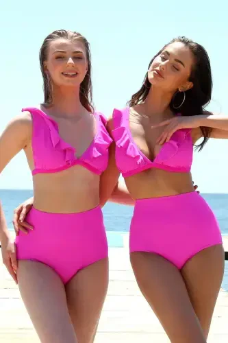 Акбениз Женский Fırfırlı Высокая Талия Фуксия Бикини 35001 - 5