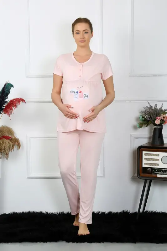 Akbeniz Женский Комплект для беременных и кормящих мам с коротким рукавом, пижама, пудра 45210 - 3