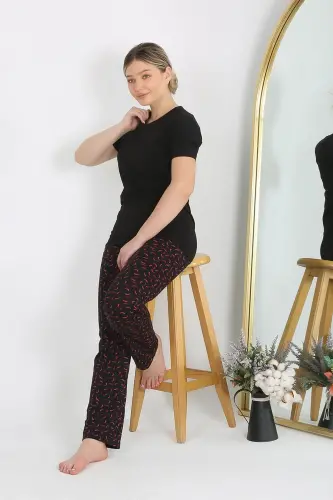 Акбениз Женский Короткий Рукав Хлопок Трикотажный Пижамный Комплект Черный 4214 - 5