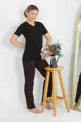 Акбениз Женский Короткий Рукав Хлопок Трикотажный Пижамный Комплект Черный 4214 - 6
