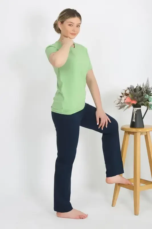 Акбениз Женский Короткий Рукав Хлопок Трикотажный Пижамный Комплект Фисташковый Зеленый 4215 - 2