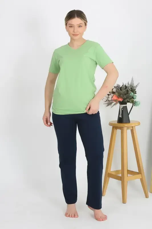 Акбениз Женский Короткий Рукав Хлопок Трикотажный Пижамный Комплект Фисташковый Зеленый 4215 - 5