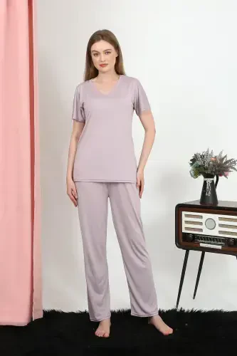 Акбениз Женский Короткий Рукав Хлопок Трикотажный Пижамный Комплект Пудра 4213 - 6