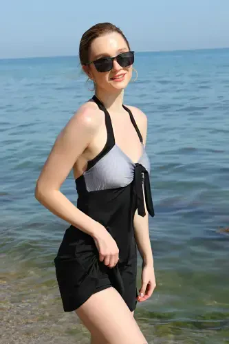 Акбениз Женский Купальник-Платье с Шортами и Бантиком, Черный, 37022 - 2