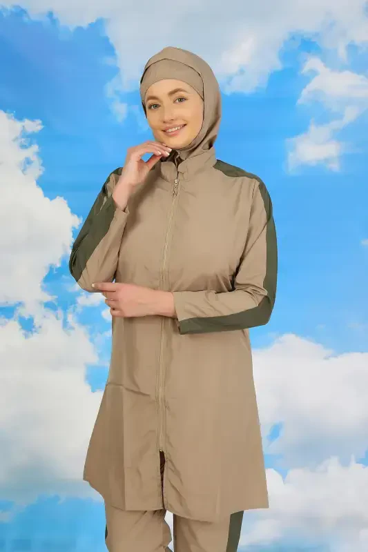 Акбениз Женский Купальник Полностью Закрытый Бежевый С Лампасами На Рукавах 31065 - AKBENIZ