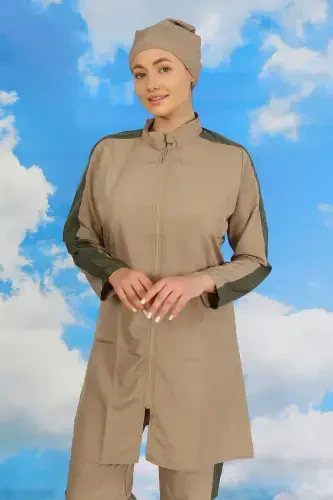 Акбениз Женский Купальник Полностью Закрытый Бежевый С Лампасами На Рукавах 31065 - AKBENIZ (1)