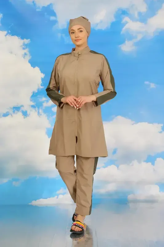 Акбениз Женский Купальник Полностью Закрытый Бежевый С Лампасами На Рукавах 31065 - 5