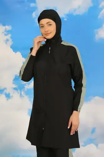 Акбениз Женский Купальник с брюками и полосками на рукавах, полностью закрытый, черный 31066 - 3