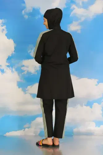 Акбениз Женский Купальник с брюками и полосками на рукавах, полностью закрытый, черный 31066 - 6