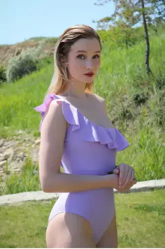 Akbeniz Женский Купальник с Открытым Плечом и Рюшами Лиловый 34025 - 3