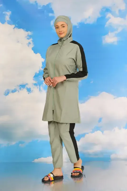 Акбениз Женский Купальник-Туника с Брюками, с Полосками на Рукавах, Полностью Закрытый, Цвет Морской Волны 31065 - 2