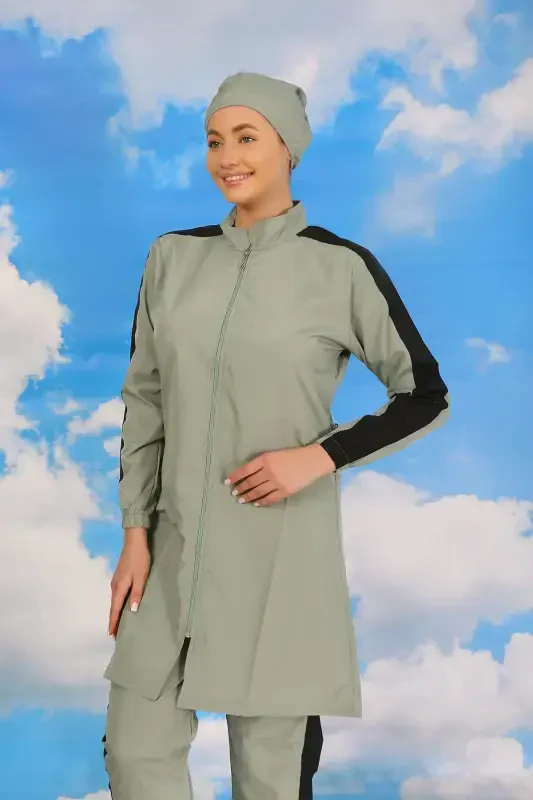 Акбениз Женский Купальник-Туника с Брюками, с Полосками на Рукавах, Полностью Закрытый, Цвет Морской Волны 31065 - 6
