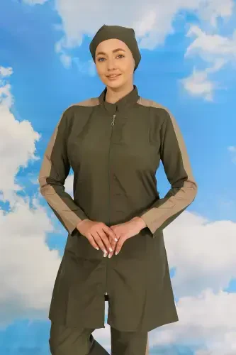 Акбениз женский купальник-хиджаб с брюками, рукавами и полосками, хаки 31065 - 3