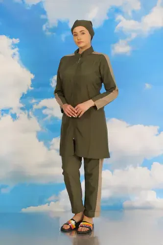 Акбениз женский купальник-хиджаб с брюками, рукавами и полосками, хаки 31065 - 6