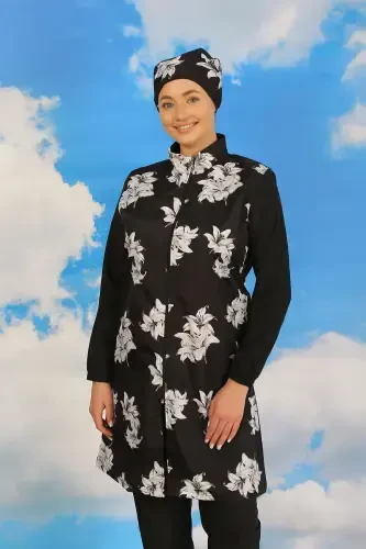 Акбениз Женский Купальный Костюм С Штанами Полностью Закрытый С Рисунком Черный 31070 - 4