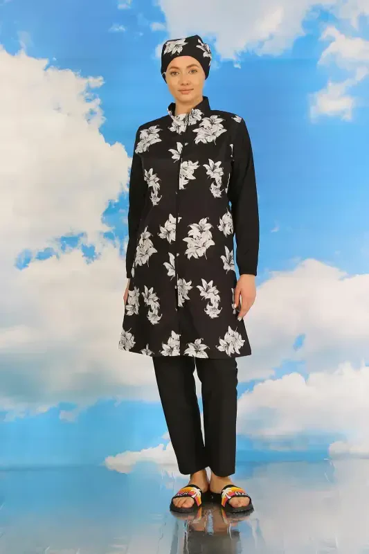 Акбениз Женский Купальный Костюм С Штанами Полностью Закрытый С Рисунком Черный 31070 - 6