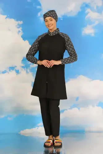 Акбениз Женский Купальный Костюм с Штанами, Полностью Закрытый, с Узором, Черный 31072 - 6