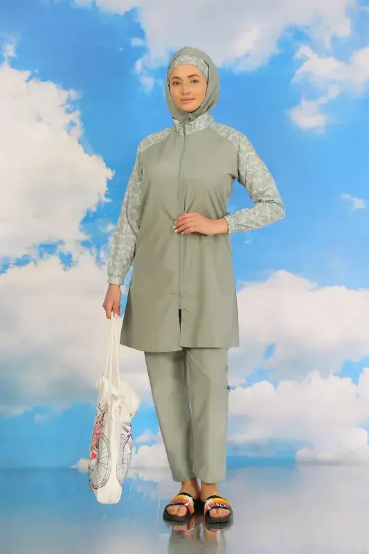 Акбениз Женский Купальный Костюм С Штанами С Рисунком Полностью Закрытый Изумрудно-Зеленый 31072 - 6