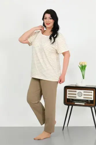 Акбениз женский пижамный комплект больших размеров с коротким рукавом, молочный кофе 202505 - 1