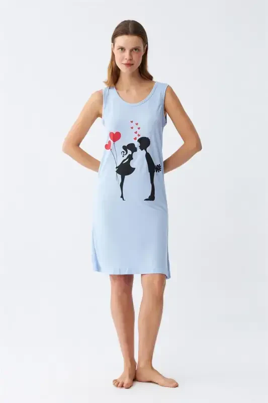 Акбениз Женский Плотный Трикотажный Синий Ночной Сорочка на Бретелях до Колен 11310 - 2