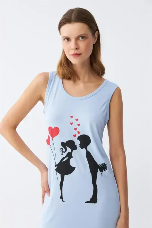 Акбениз Женский Плотный Трикотажный Синий Ночной Сорочка на Бретелях до Колен 11310 - 3