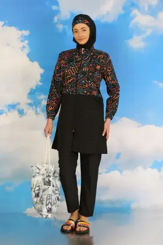 Акбениз Женский Раздельный Купальник с Штанами, с Рисунком, Полностью Закрытый, Чёрный 31075 - AKBENIZ (1)