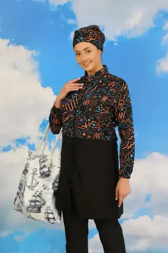 Акбениз Женский Раздельный Купальник с Штанами, с Рисунком, Полностью Закрытый, Чёрный 31075 - 3
