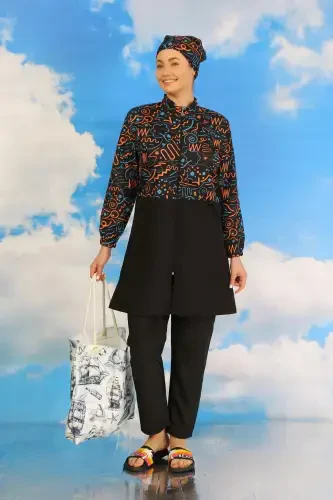 Акбениз Женский Раздельный Купальник с Штанами, с Рисунком, Полностью Закрытый, Чёрный 31075 - 5
