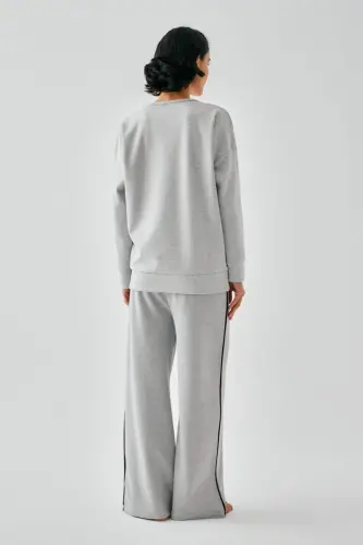 Акбениз Женский Серый Дева Оверсайз 2 Нитки Спортивный Костюм Домашняя Одежда Комплект - 5