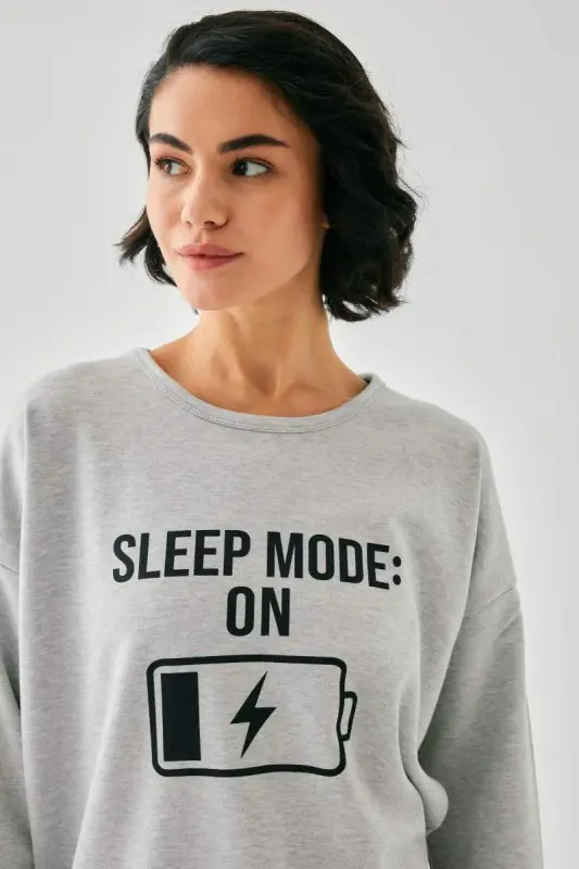 Акбениз Женский Серый Sleep Mode ON Oversize Двойка Домашний Костюм - 5