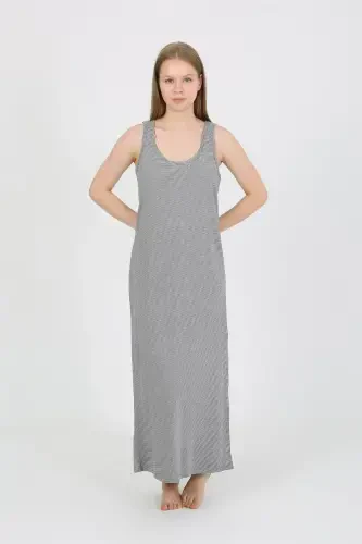 Акбениз Женский Свободный Длинный Серый Ночной Сорочка на Бретелях с Разрезом 90110 - AKBENIZ (1)
