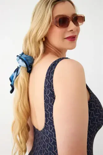 Akbeniz Женский Темно-синий Геометрический Узор Большой Размер Цельный Купальник - 4