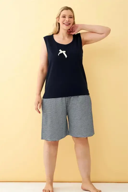 Акбениз Женский Темно-синий Комплект Пижамы Большого Размера с Шортами и Деталями Ленты - 2