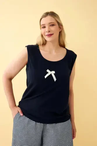 Акбениз Женский Темно-синий Комплект Пижамы Большого Размера с Шортами и Деталями Ленты - 5