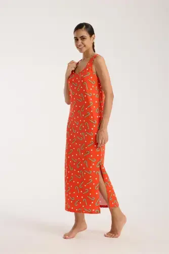 Акбениз Женский Толстый Бретель Разрезной Длинный Оранжевый Ночной сорочка - 1