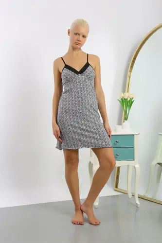 Акбениз Женский Трикотажный Ночной Сорочка На Бретелях с Рисунком 36715 - 3