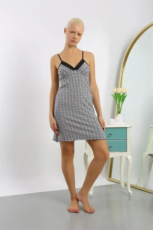 Акбениз Женский Трикотажный Ночной Сорочка На Бретелях с Рисунком 36715 - 3