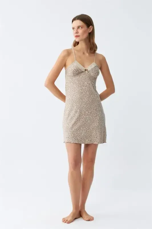 Акбениз Женский Трикотажный Визон Леопардовый Ночной Комбинезон на Бретельках 36717 - 2