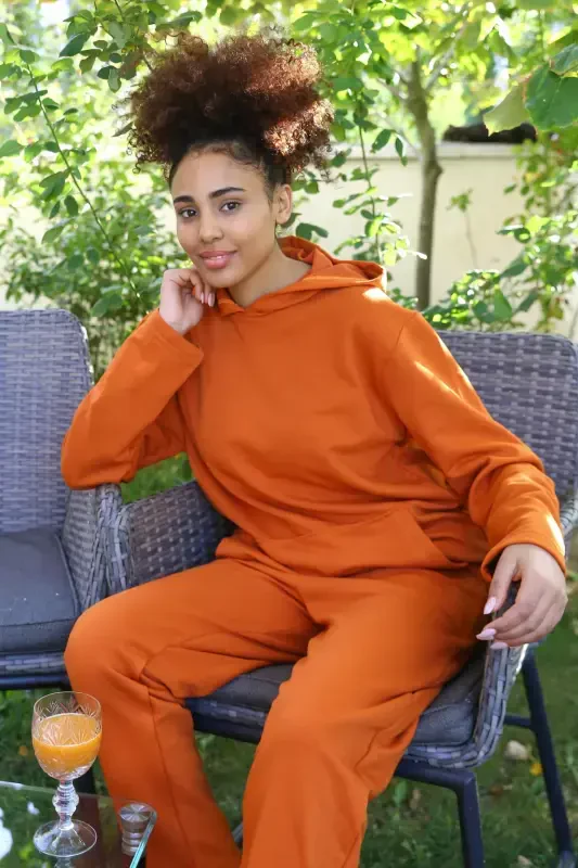Акбениз Женский Хлопковый Худи с Карманами из Трехнитки Кирпичного Цвета Спортивный Костюм 9037 - AKBENIZ