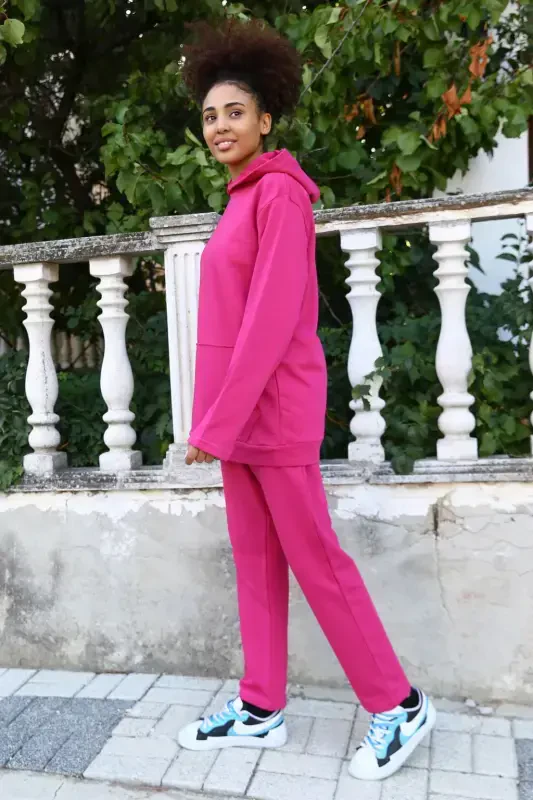 Акбениз Женский Хлопковый Худи с Карманами, Трехниточный Фуксиновый Спортивный Костюм 9037 - 7