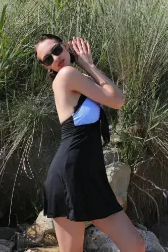 Акбениз Женское эластичное платье-купальник с шортами и бантиком, синее 37022 - 2