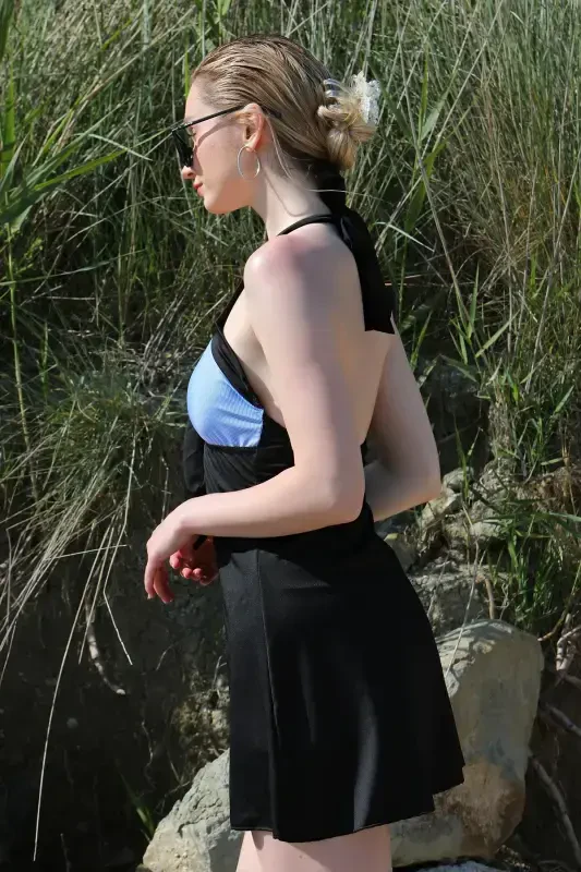 Акбениз Женское эластичное платье-купальник с шортами и бантиком, синее 37022 - 4