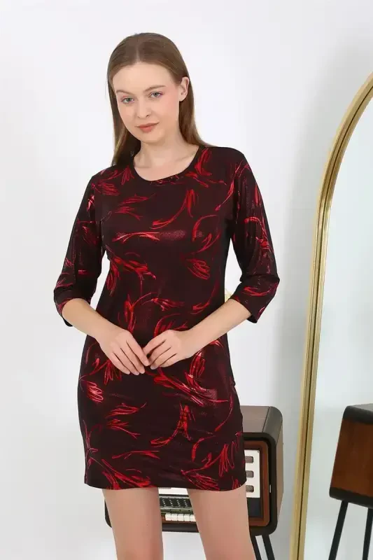 Akbeniz Женское Микро Ткань Мини Блестящее Платье 7421 Красный - 5